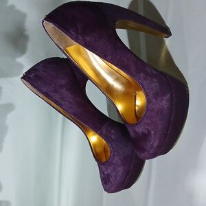 💜 Rare Ted Baker Purple Fur Heels Sculptural Gold Curved Heel Size 7 Mobwife